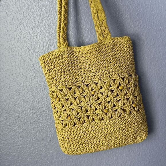 Purse Hand Made Crochet Bag with Beads Tote Beachy 100% Paper 19" x 9.5" x 11" - Picture 2 of 4